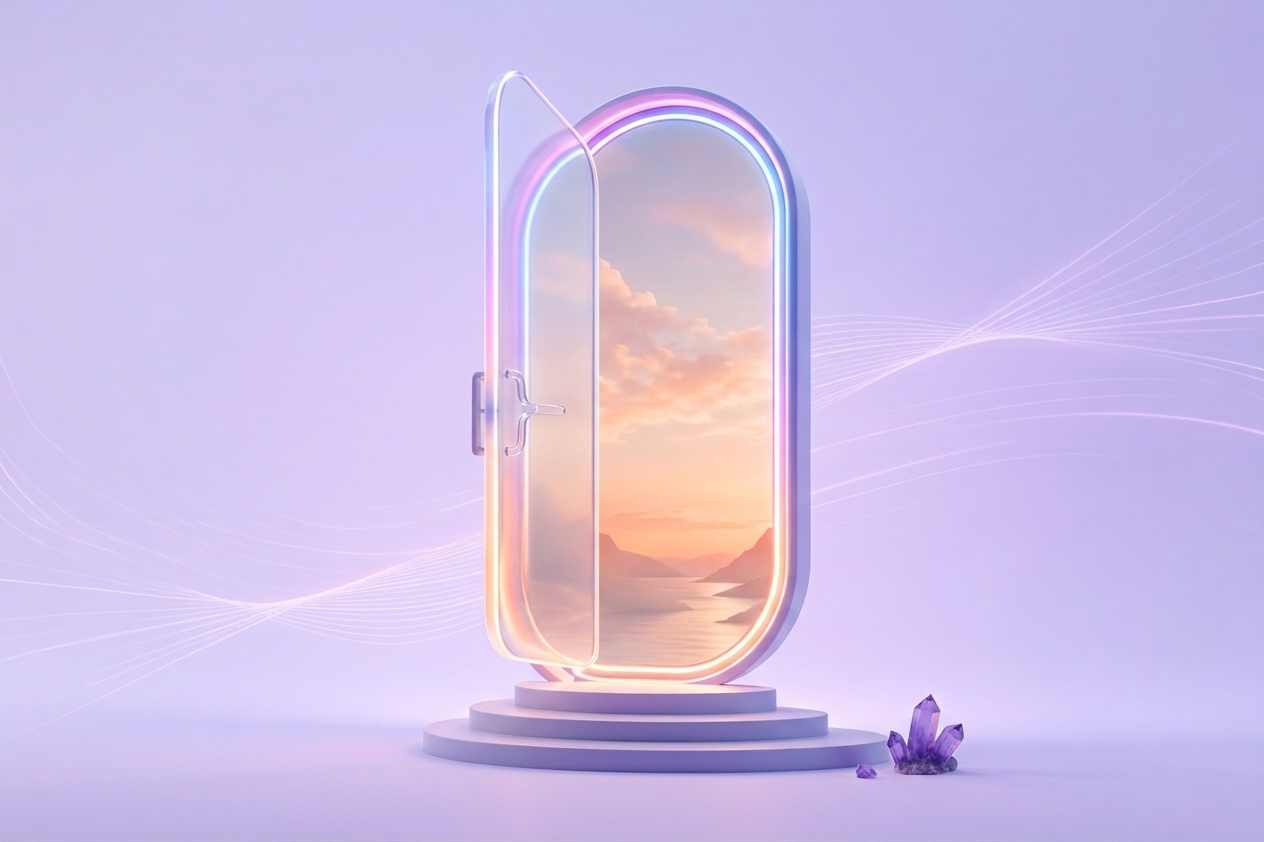 Puerta de cristal abierta hacia un paisaje al atardecer, símbolo de un nuevo mundo de diseño